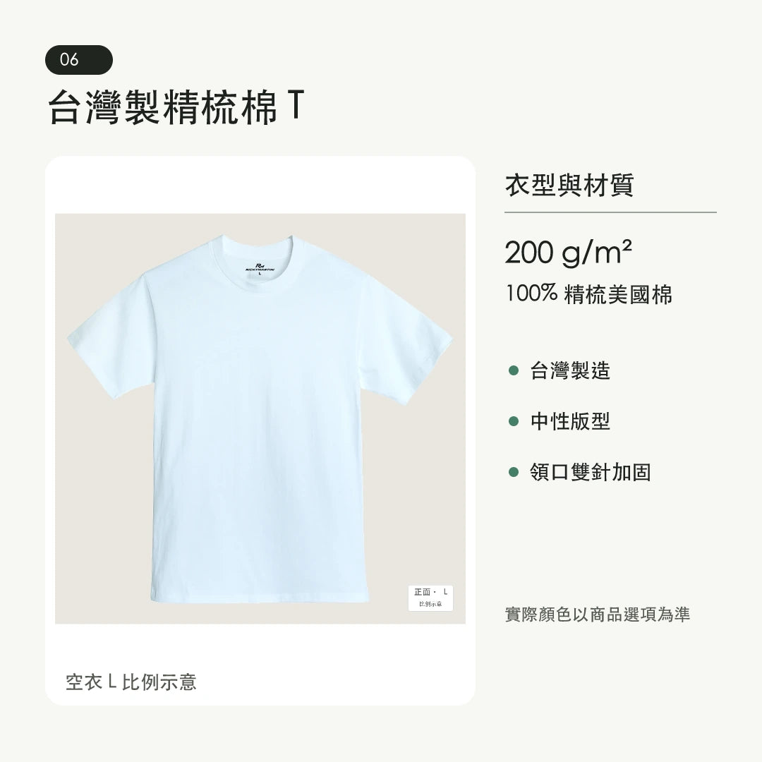 商品圖 06｜諧音小人日常｜先吃再說｜MIT 200g 精梳棉T恤｜衣型與材質說明