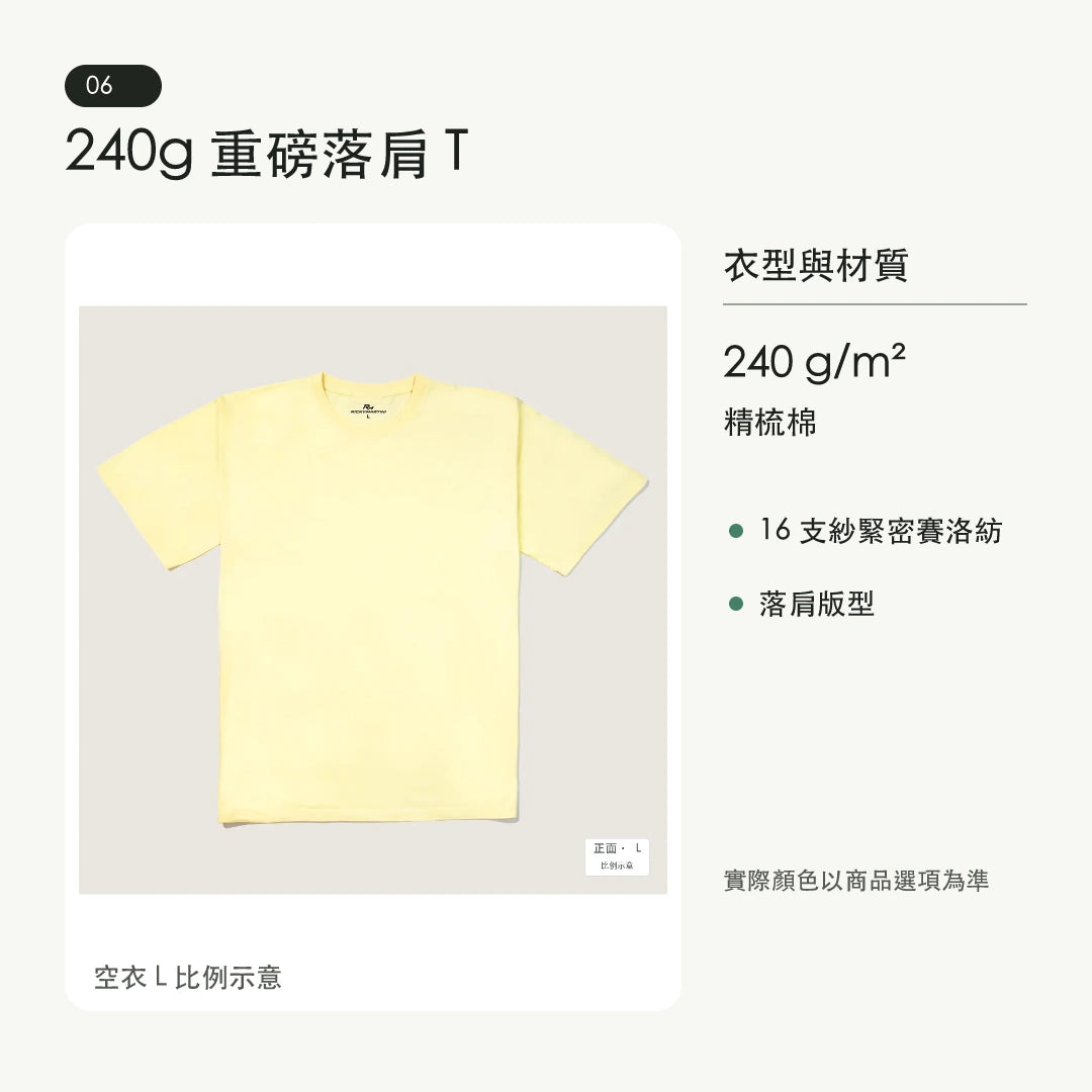 商品圖 06｜諧音小人日常｜咖啡續命｜240g 重磅落肩T恤｜衣型與材質說明