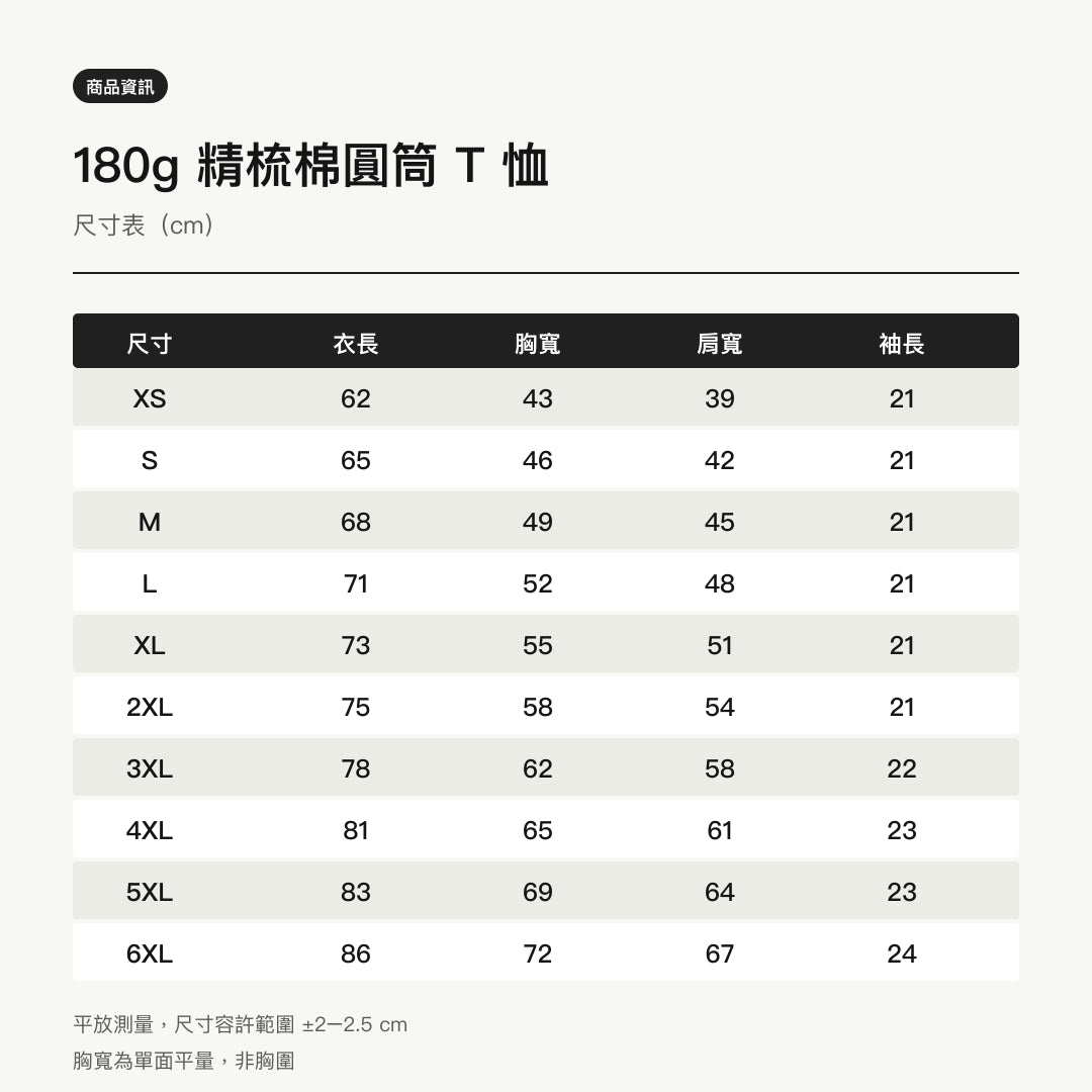 諧教 009｜籃頭人（淺色衣款）｜180g 精梳棉圓筒T 尺寸表
