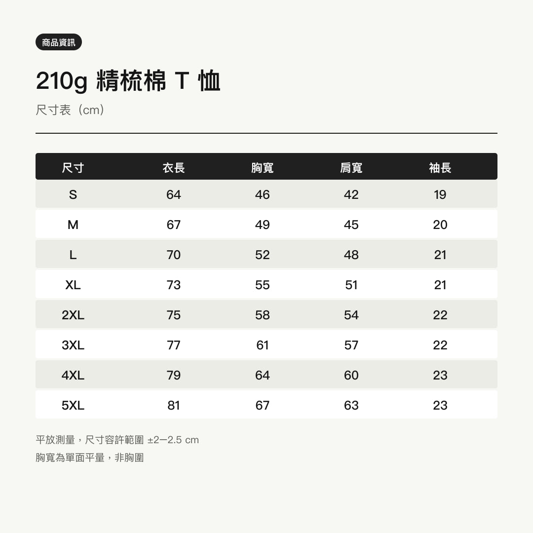 諧教 002｜喵力人（淺色衣款）｜210g 精梳棉T 尺寸表