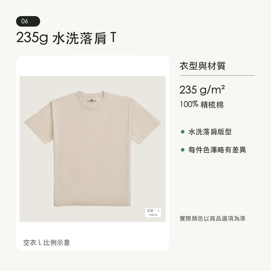 商品圖 06｜諧音小人日常｜今天有練｜235g 水洗落肩T恤｜衣型與材質說明