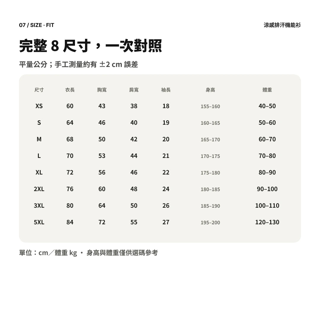 愛貓那派｜涼感排汗機能衫 尺寸表