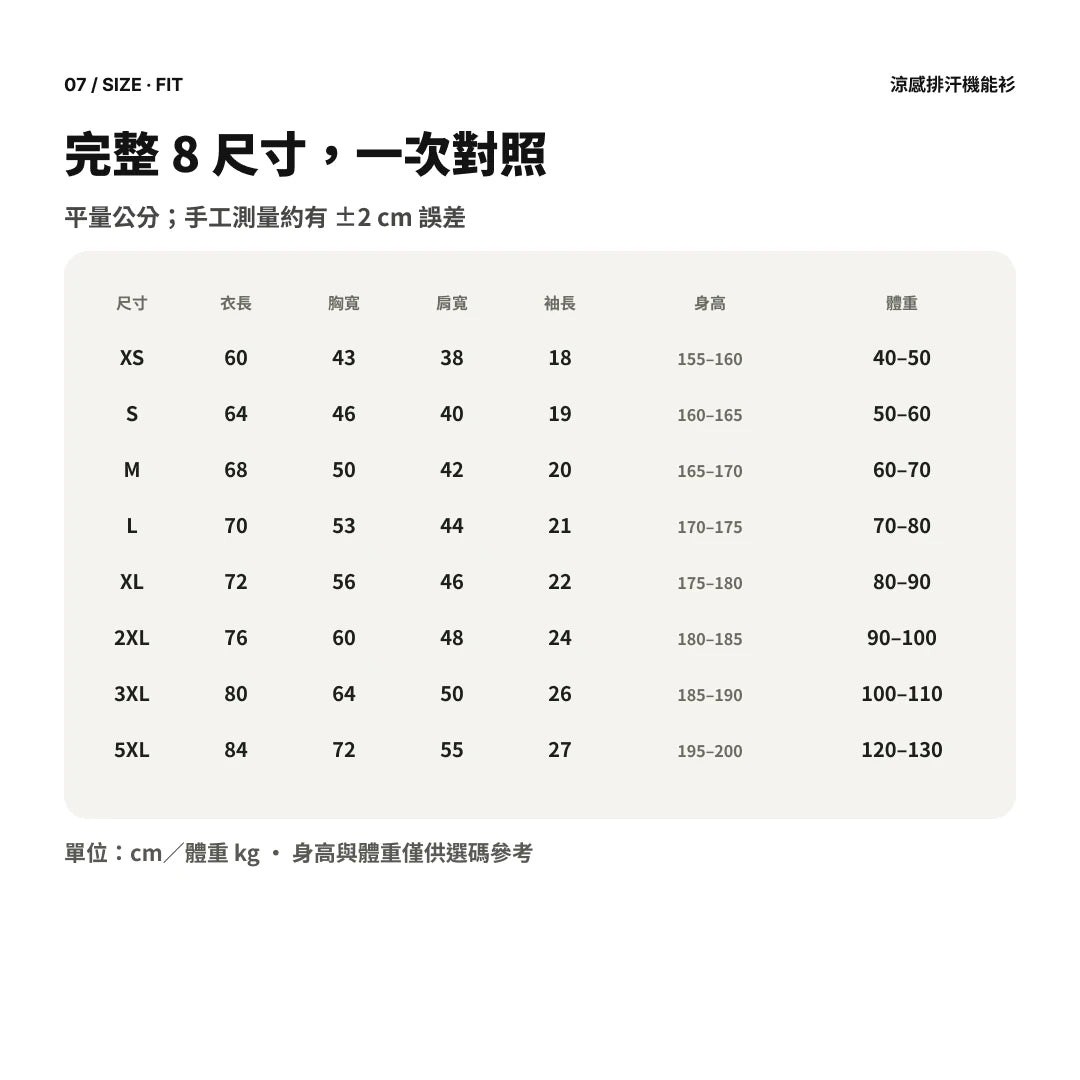 愛貓那派｜深色系涼感排汗機能衫｜商品圖 07｜尺寸表