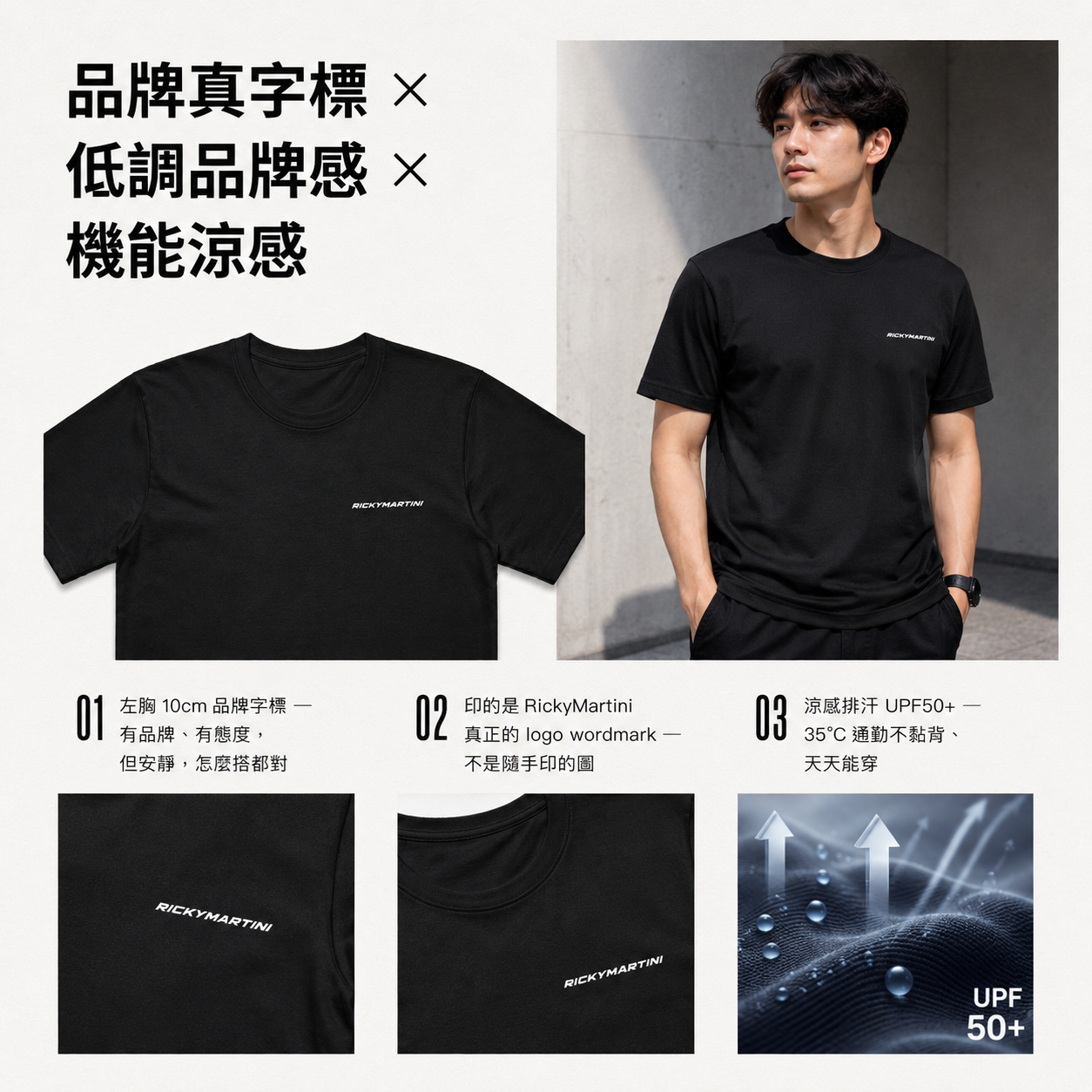 自有設計 No.007 — RICKYMARTINI 品牌字標（標誌系統款 · 左胸小印） 產品價值
