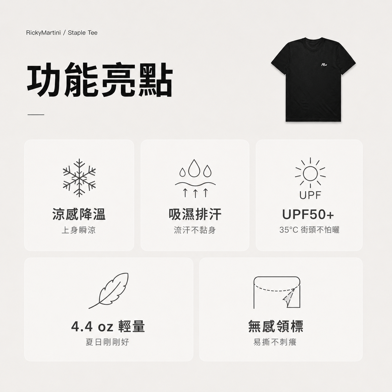 自有設計 No.006 — RM SYMBOL 左胸小標（極簡 logo staple · 第二批印製變因首款） 五大機能