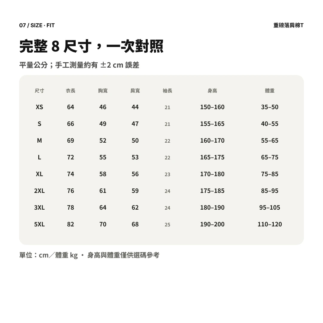 愛貓那派-白色設計款｜珍珠白重磅落肩棉T 尺寸表