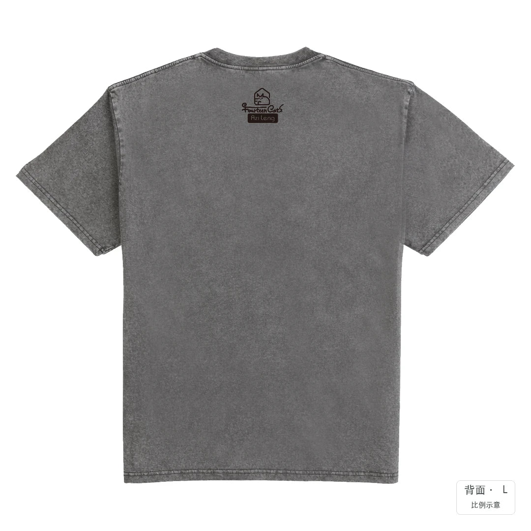 十四喵屋-虎斑貓 抓住你的心｜235g 水洗落肩棉T 石墨灰 背面
