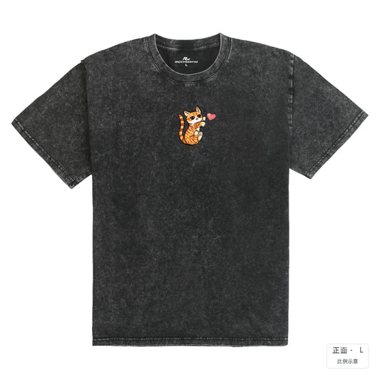 十四喵屋-橘貓 抓住你的心｜235g 水洗落肩棉T 礦石黑 正面
