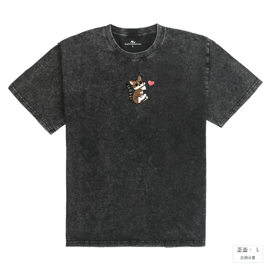 十四喵屋-小老虎 也要抓住你的心｜235g 水洗落肩棉T 礦石黑 正面
