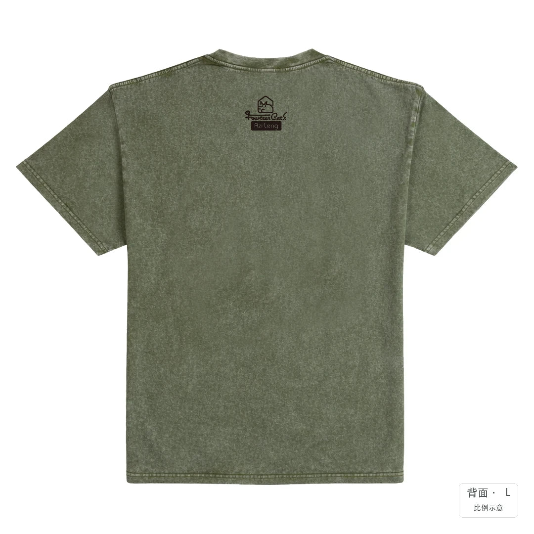 十四喵屋-橘貓 抓住你的心｜235g 水洗落肩棉T 荒野綠 背面