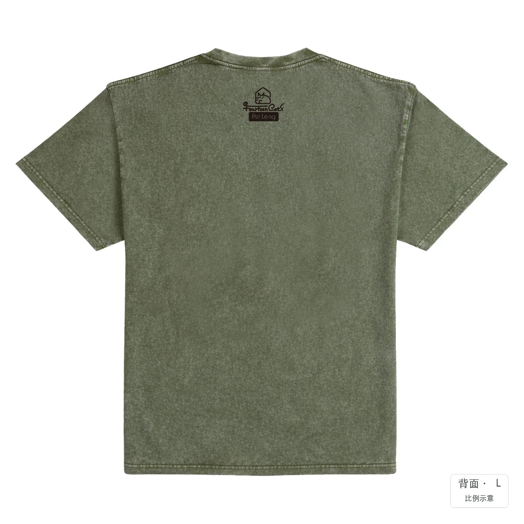 十四喵屋-抓住你的心｜235g 水洗落肩棉T 荒野綠 背面