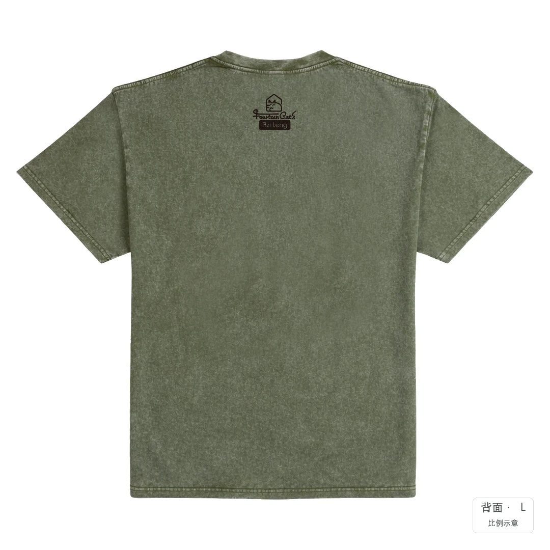 十四喵屋-小老虎 也要抓住你的心｜235g 水洗落肩棉T 荒野綠 背面