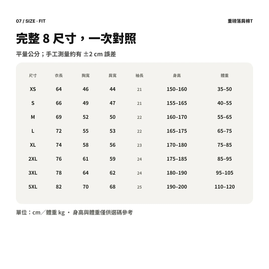 愛貓那派｜暖莓色系重磅落肩棉T｜商品圖 07｜尺寸表